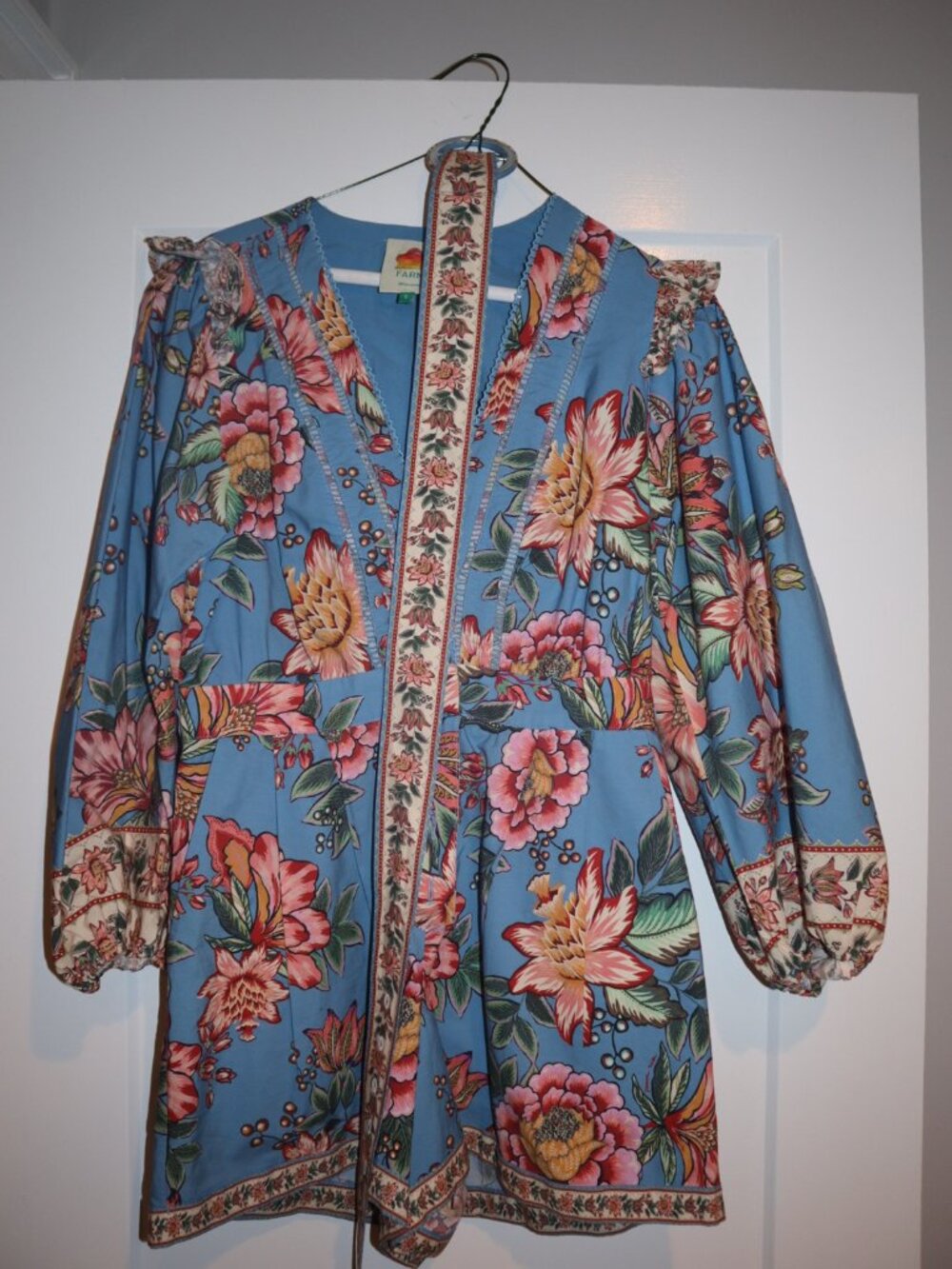 FARM Rio Blue Floral Long Sleeve Belted Romper Size Small